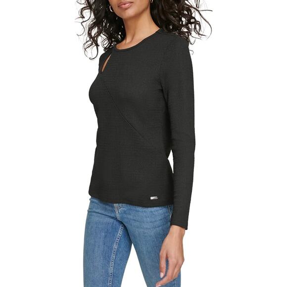 Calvin Klein Womens Cut Out Blouse S Black NWT Shirt Top Minimalist Career Work - Picture 2 of 11